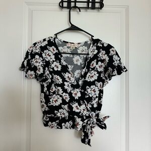 Floral Wrap Crop Top - Black and White